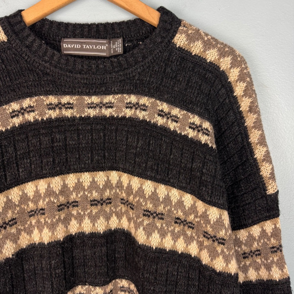 VTG David Taylor Mens XL Black Tan Acrylic Knit Sweater Fair Isle‎ Geometric USA
